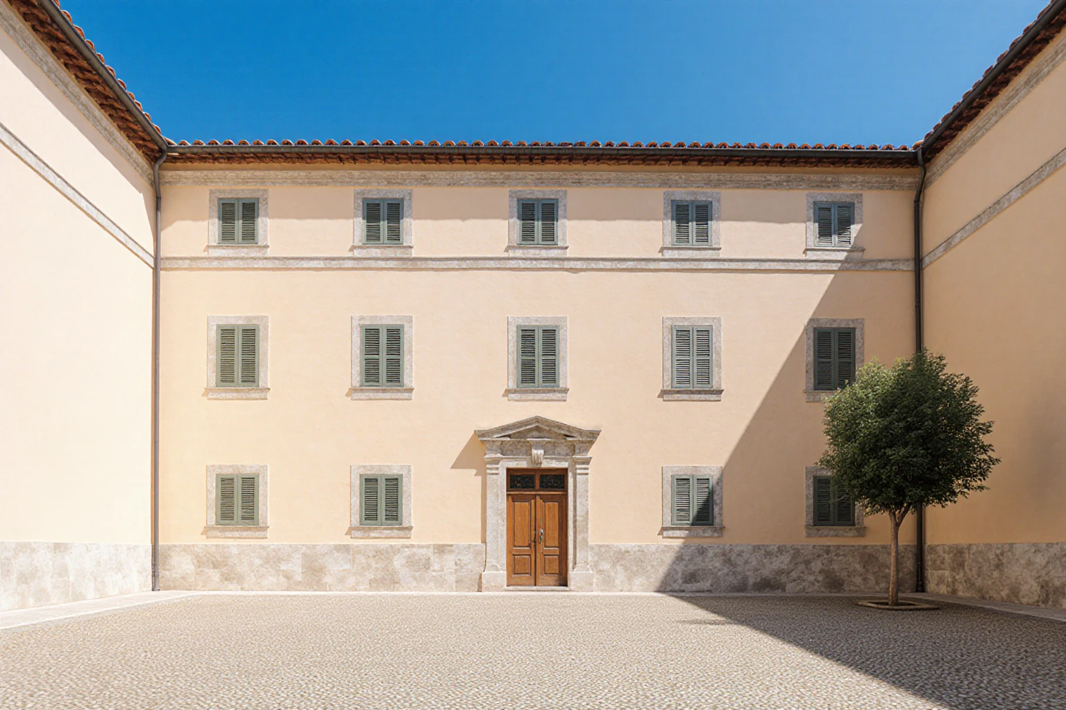Three-storey Italian building with a pale plaster façade and courtyard