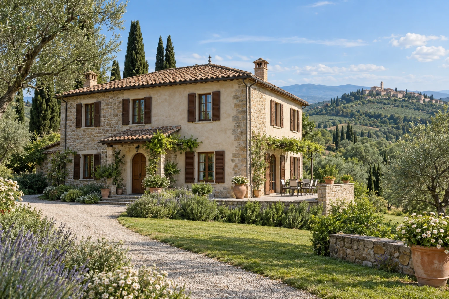 Italian hillside home with stone façades, terracotta roof and garden