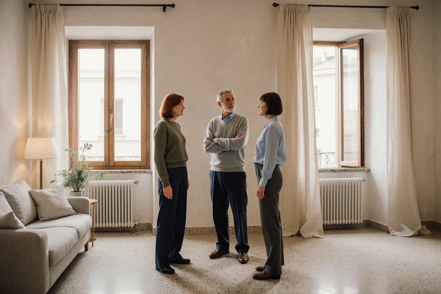 Three adults viewing a bright room in an Italian home